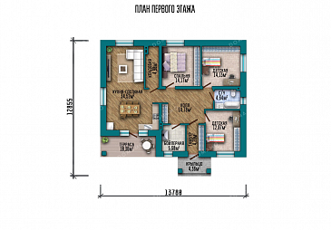 Проект компактного одноэтажного дома с террасой / План 1 этажа Проект компактного одноэтажного дома с террасой / План 1 этажа