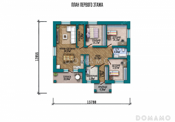 Проект компактного одноэтажного дома с террасой / План 1 этажа Проект компактного одноэтажного дома с террасой / План 1 этажа