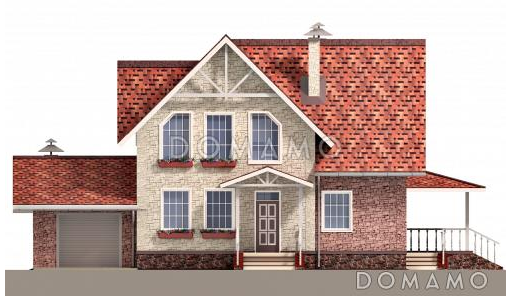 Проект загородного дома под красной кровлей с вторым светом, террасой и гаражом / Фасад 1