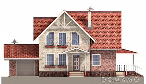 Проект загородного дома под красной кровлей с вторым светом, террасой и гаражом / Фасад 1