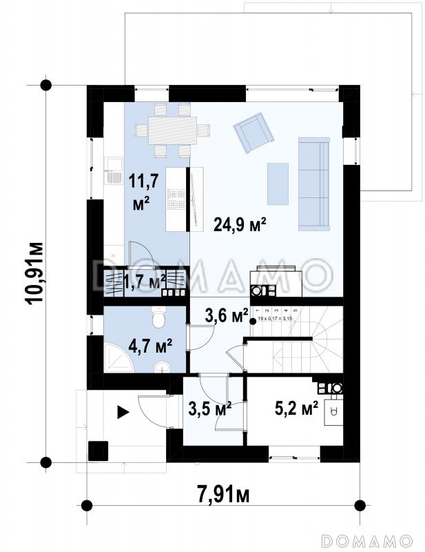 Проект загородного дома с подвалом, вытянутой кухней с кладовой, светлыми спальнями на втором этаже / План 1 этажа