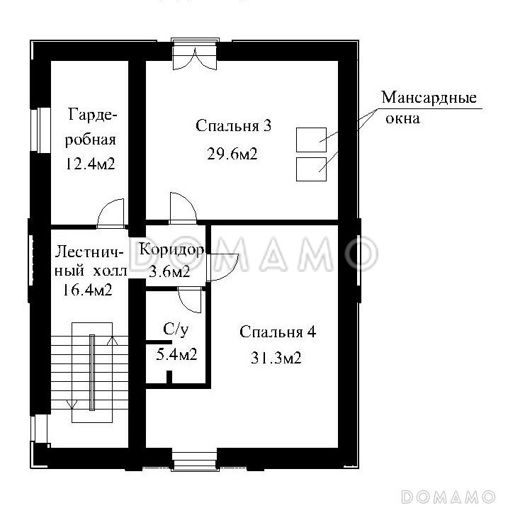 Проект большого кирпичного коттеджа с верандой, сауной и СПА-залом / План мансардного этажа