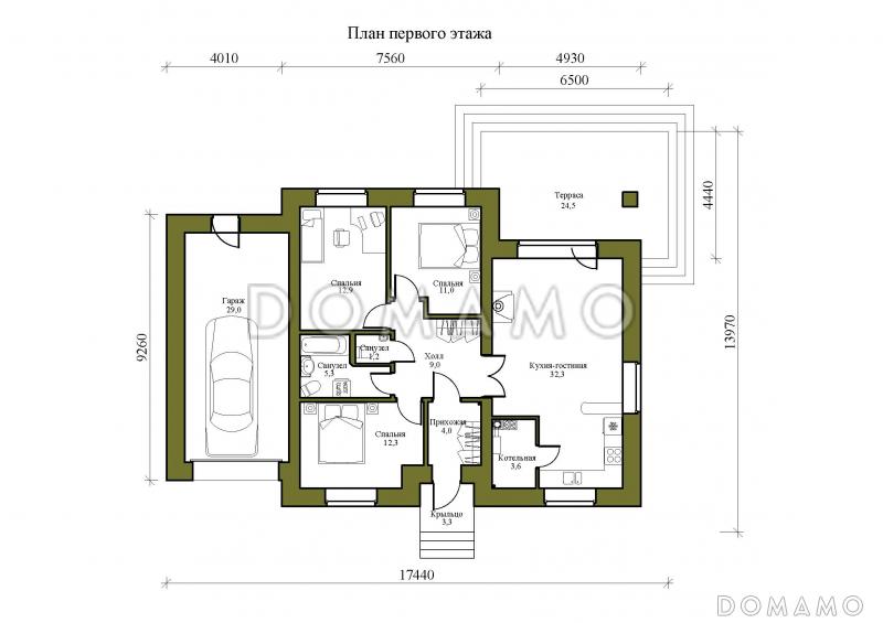 Проект одноэтажного газобетонного дома с тремя спальнями, гаражом и террасой / План 1 этажа