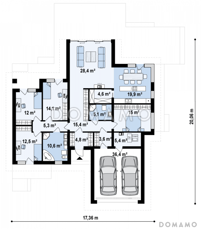 Проект комфортного одноэтажного дома из газобетона с отделённой зоной сна, гостевой комнатой и гаражом / План 1 этажа
