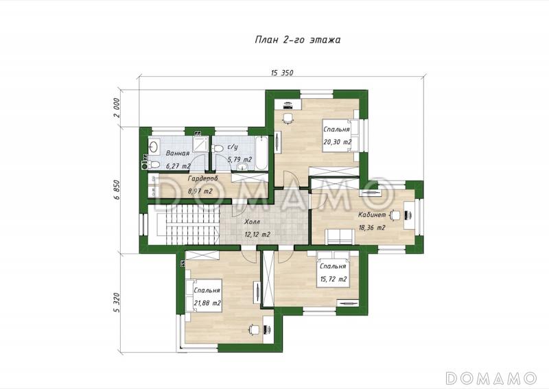 Проект двухэтажного дома из газобетона с 4 спальнями, кабинетом и крытой террасой / План 2 этажа