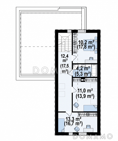 Проект компактного дома с двухскатной крышей, гаражом, просторной гостиной, кладовой в кухне / План мансардного этажа