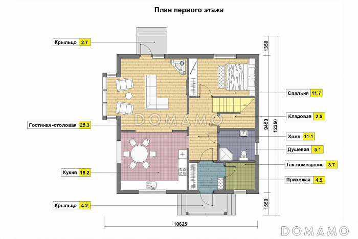 Проект дома из газобетона с эркером и спальней на первом этаже / План 1 этажа
