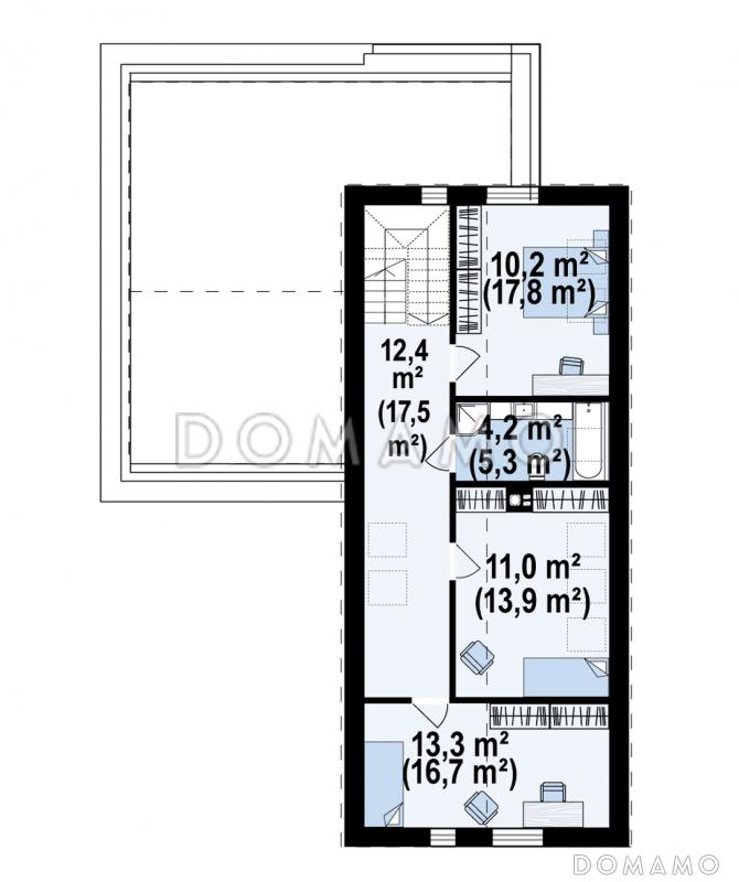 Проект компактного дома с двухскатной крышей, гаражом, просторной гостиной, кладовой в кухне / План мансардного этажа