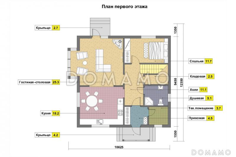 Проект дома из газобетона с эркером и спальней на первом этаже / План 1 этажа