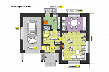 Проект загородного дома с тремя спальнями на мансардном этаже, круглым окном, гаражом на одну машину / План 1 этажа Проект загородного дома с тремя спальнями на мансардном этаже, круглым окном, гаражом на одну машину / План 1 этажа