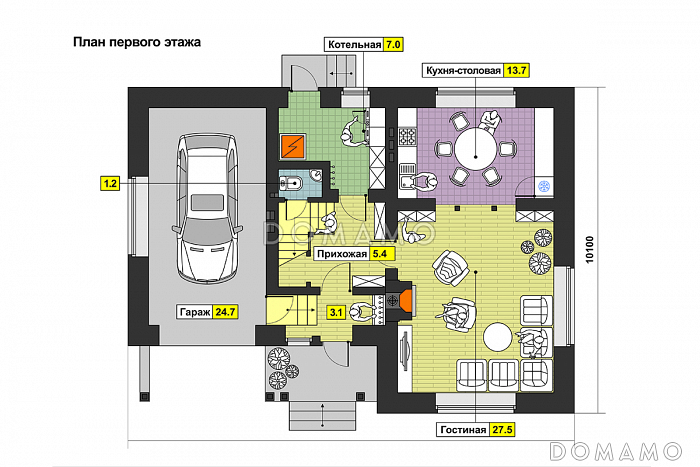 Проект загородного дома с тремя спальнями на мансардном этаже, круглым окном, гаражом на одну машину / План 1 этажа Проект загородного дома с тремя спальнями на мансардном этаже, круглым окном, гаражом на одну машину / План 1 этажа