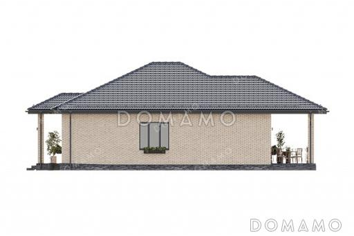 Проект компактного одноэтажного дома с большой террасой, вальмовой кровлей и двумя санузлами / Фасад 1