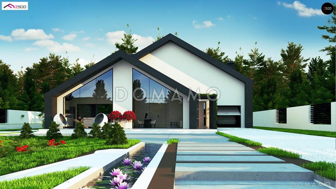 Проект современного одноэтажного мансардного дома с двухскатной крышей из кирпича с четырьмя комнатами и гаражом / 2