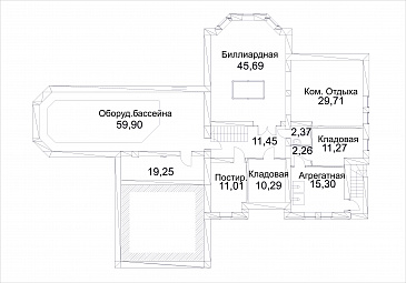 Проект дома из кирпича с бассейном и сауной на первом этаже / План цокольного этажа Проект дома из кирпича с бассейном и сауной на первом этаже / План цокольного этажа