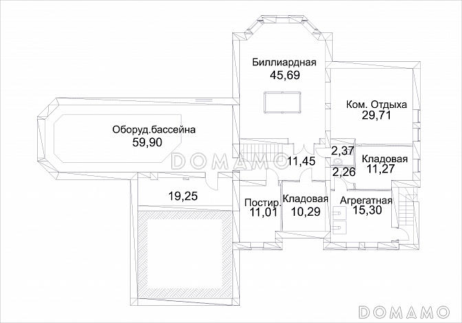 Проект дома из кирпича с бассейном и сауной на первом этаже / План цокольного этажа Проект дома из кирпича с бассейном и сауной на первом этаже / План цокольного этажа