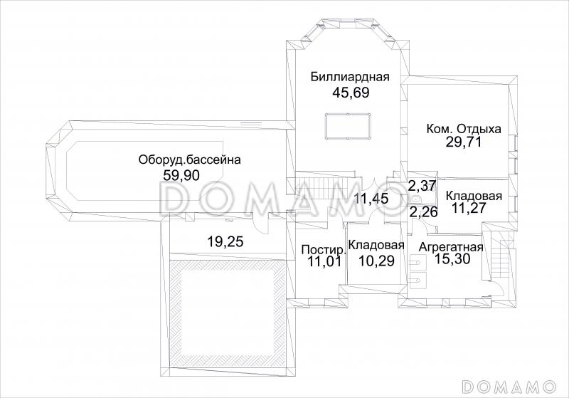Проект дома из кирпича с бассейном и сауной на первом этаже / План цокольного этажа