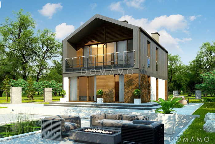 Проект компактного одноэтажного мансардного дома из кирпича с тремя спальнями, кабинетом и террасой на втором этаже Проект компактного одноэтажного мансардного дома из кирпича с тремя спальнями, кабинетом и террасой на втором этаже