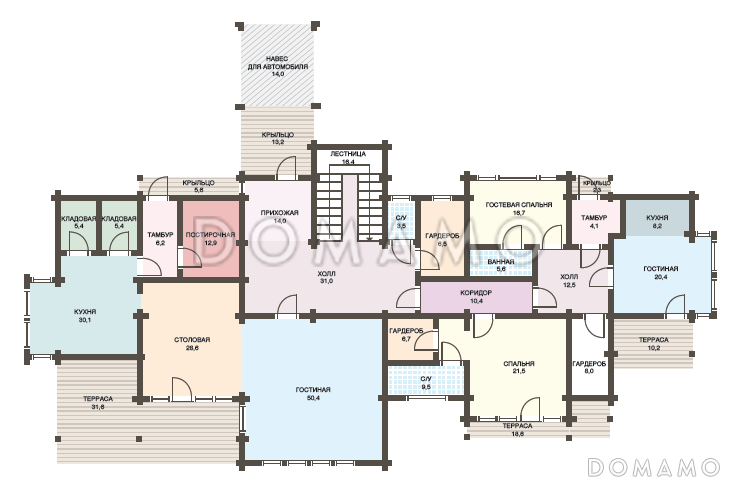 Проект дома из клееного бруса с мансардными окнами и большой площадью остекления / План 1 этажа