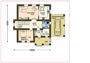 Проект двухэтажного коттеджа с облицовкой клинкером и с навесом для автомашины / План 1 этажа Проект двухэтажного коттеджа с облицовкой клинкером и с навесом для автомашины / План 1 этажа