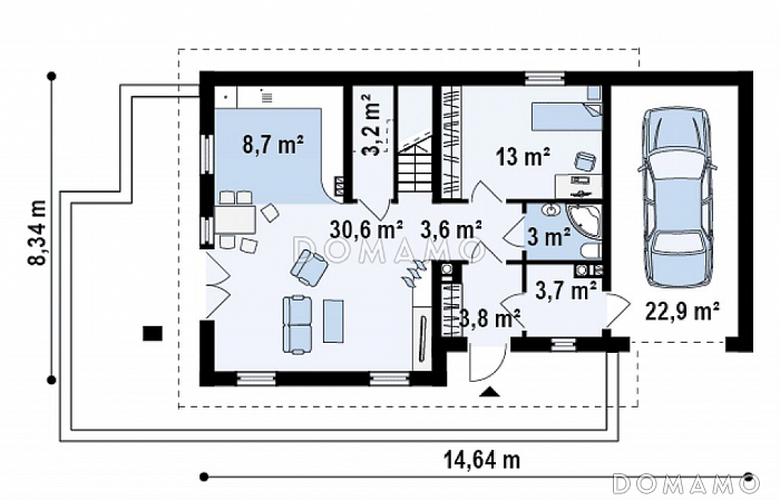Проект одноэтажного мансардного дома из кирпича с дополнительной спальней на первом этаже, гаражом и террасой над ним / План 1 этажа