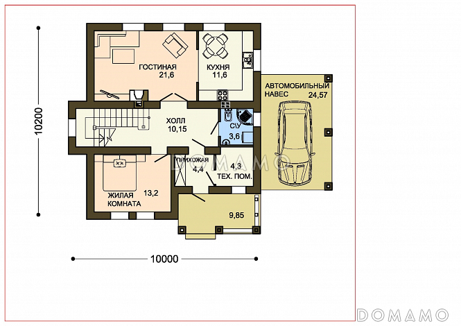Проект двухэтажного коттеджа с облицовкой клинкером и с навесом для автомашины / План 1 этажа Проект двухэтажного коттеджа с облицовкой клинкером и с навесом для автомашины / План 1 этажа