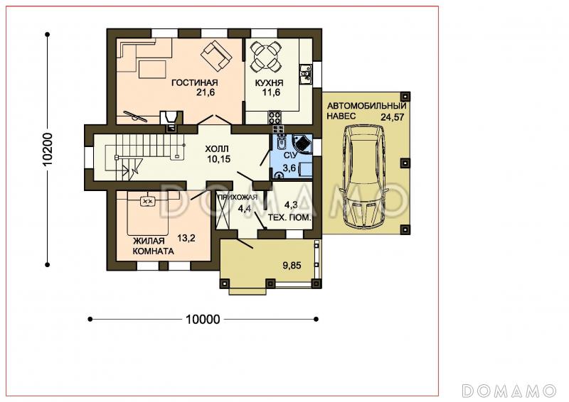 Проект двухэтажного коттеджа с облицовкой клинкером и с навесом для автомашины / План 1 этажа