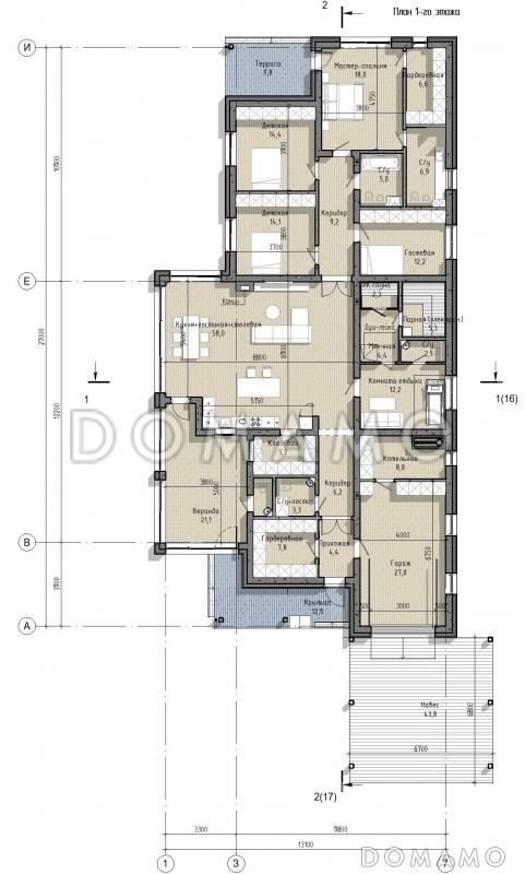Проект одноэтажного дома с мастер-спальней, двумя детскими, гаражом, навесом и верандой / План 1 этажа