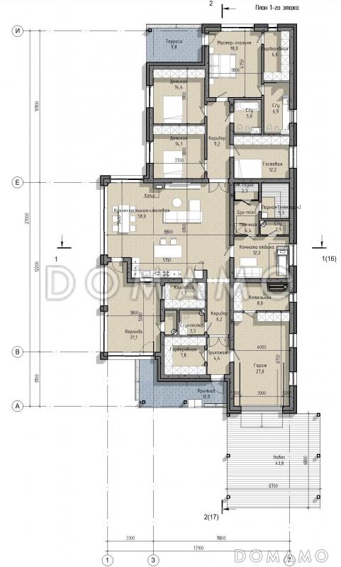 Проект одноэтажного дома с мастер-спальней, двумя детскими, гаражом, навесом и верандой / План 1 этажа