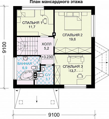 Проект дома из газобетона с эркером / План мансардного этажа