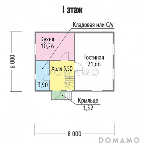 Проект каркасного дома с двумя спальнями / План 1 этажа Проект каркасного дома с двумя спальнями / План 1 этажа