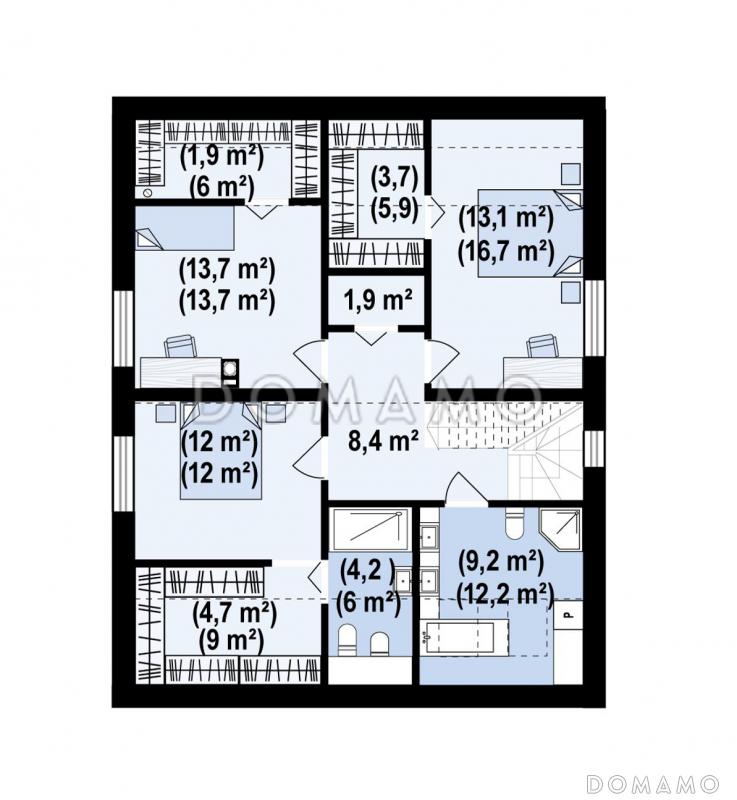 Проект комфортного загородного дома с панорамным остеклением гостиной, гаражом, кладовой и мастер-спальней на мансарде / План мансардного этажа