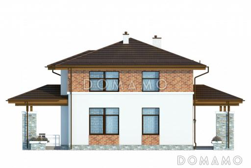 Проект двухэтажного коттеджа с панорамным остеклением на террасу и со вставками красного кирпича / Фасад 3