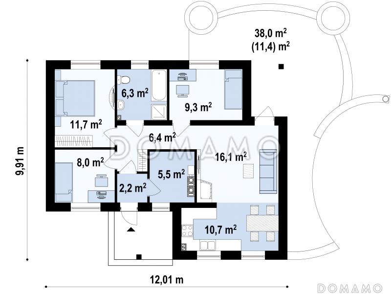Проект небольшого одноэтажного дома из кирпича с тремя спальнями и красивой угловой террасой / План 1 этажа