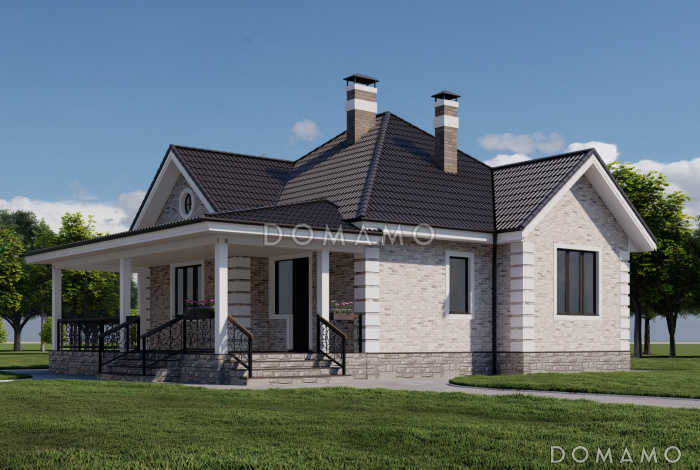 Проект одноэтажного дома из газобетона с мастер-спальней и крытой террасой