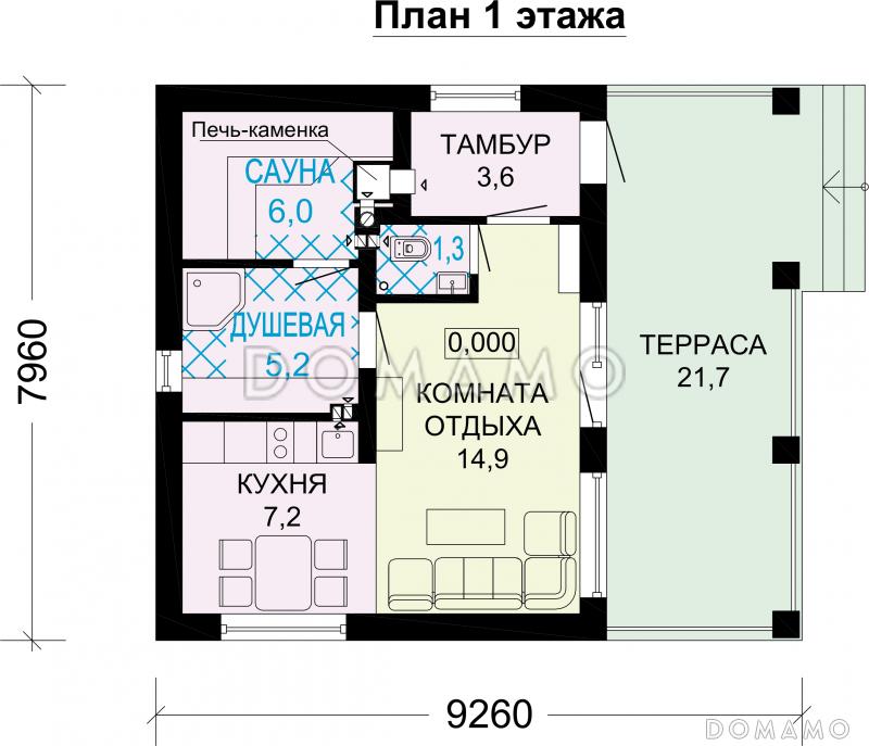 Проект небольшого кирпичного дома с сауной и комнатой отдыха / План 1 этажа