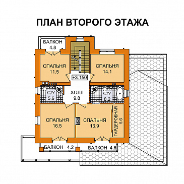 Проект дома с цокольным этажом и большой крытой террасой / План 2 этажа Проект дома с цокольным этажом и большой крытой террасой / План 2 этажа