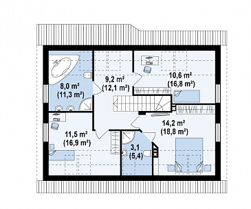 Проект одноэтажного мансардного дома из газобетона с тремя комнатами и кабинетом / План мансардного этажа Проект одноэтажного мансардного дома из газобетона с тремя комнатами и кабинетом / План мансардного этажа