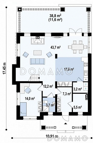 Проект двухэтажного дома с большой гостиной, крытой террасой, кладовой в кухне, спальней на первом этаже / План 1 этажа