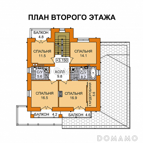 Проект дома с цокольным этажом и большой крытой террасой / План 2 этажа Проект дома с цокольным этажом и большой крытой террасой / План 2 этажа