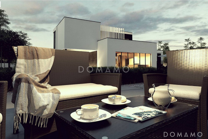 Проект современного двухуровневого дома из кирпича с несколькими террасами, двухместным гаражом и навесом