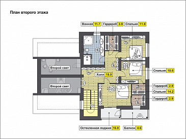 Проект дома с крытой террасой, гостиной с камином, большой кладовой, спальней на первом этаже, вторым светом, остекленной лоджией и балконом / План мансардного этажа Проект дома с крытой террасой, гостиной с камином, большой кладовой, спальней на первом этаже, вторым светом, остекленной лоджией и балконом / План мансардного этажа