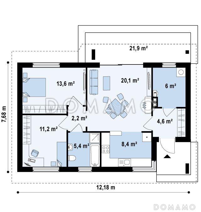 Проект небольшого одноэтажного дома из газобетона с отделённой спальной зоной / План 1 этажа