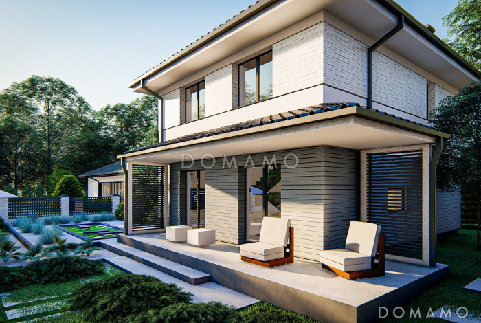 Проект двухэтажного загородного дома с кабинетом, зоной кухни с окном, гостиной с выходом на крытую террасу Проект двухэтажного загородного дома с кабинетом, зоной кухни с окном, гостиной с выходом на крытую террасу