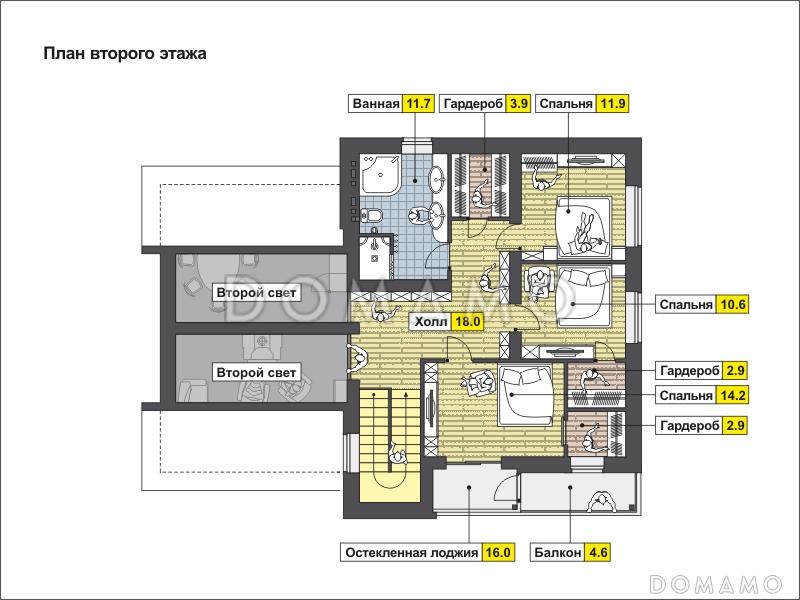 Проект дома с крытой террасой, гостиной с камином, большой кладовой, спальней на первом этаже, вторым светом, остекленной лоджией и балконом / План мансардного этажа