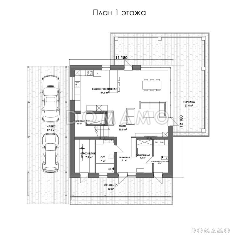 Проект двухэтажного дома с мастер-спальней, балконом и большой крытой террасой / План 1 этажа