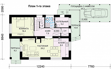 Проект  стильного дома из пеноблоков  с навесом для машины / План 1 этажа Проект  стильного дома из пеноблоков  с навесом для машины / План 1 этажа