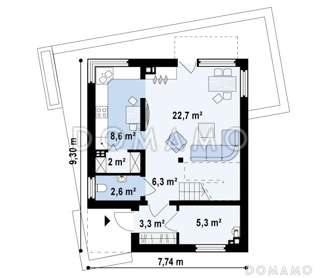 Проект двухэтажного дома из газобетона в стиле кубизм со спальной зоной на втором этаже / План 1 этажа