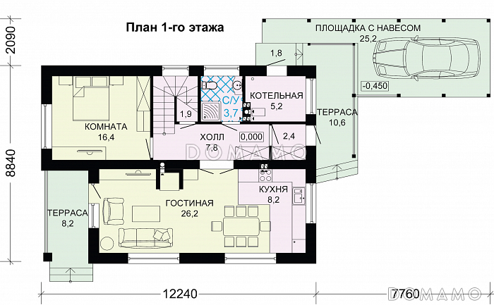 Проект  стильного дома из пеноблоков  с навесом для машины / План 1 этажа Проект  стильного дома из пеноблоков  с навесом для машины / План 1 этажа