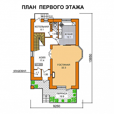 Проект кирпичного дома с мансардным этажом и эркером / План 1 этажа Проект кирпичного дома с мансардным этажом и эркером / План 1 этажа