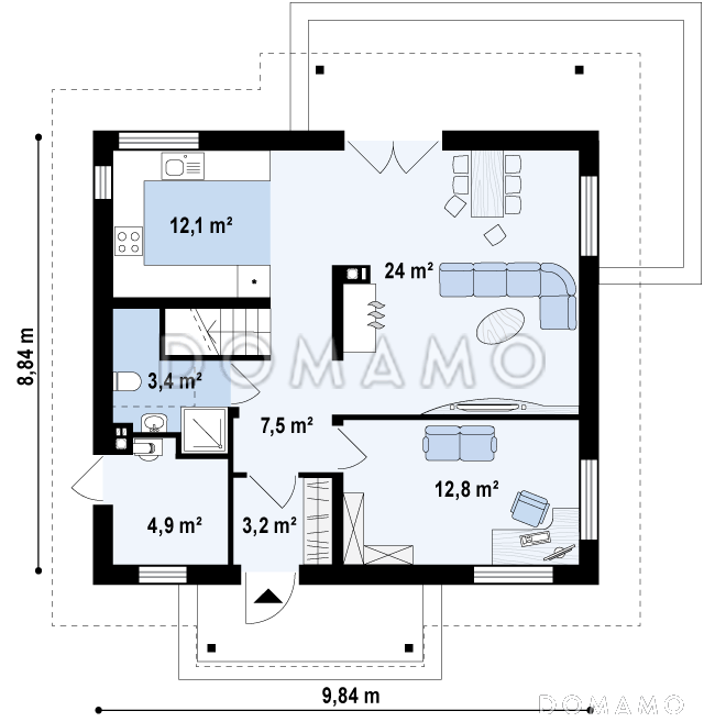 Проект компактного мансардного дома из кирпича с угловой террасой и окнами с французским балконом / План 1 этажа